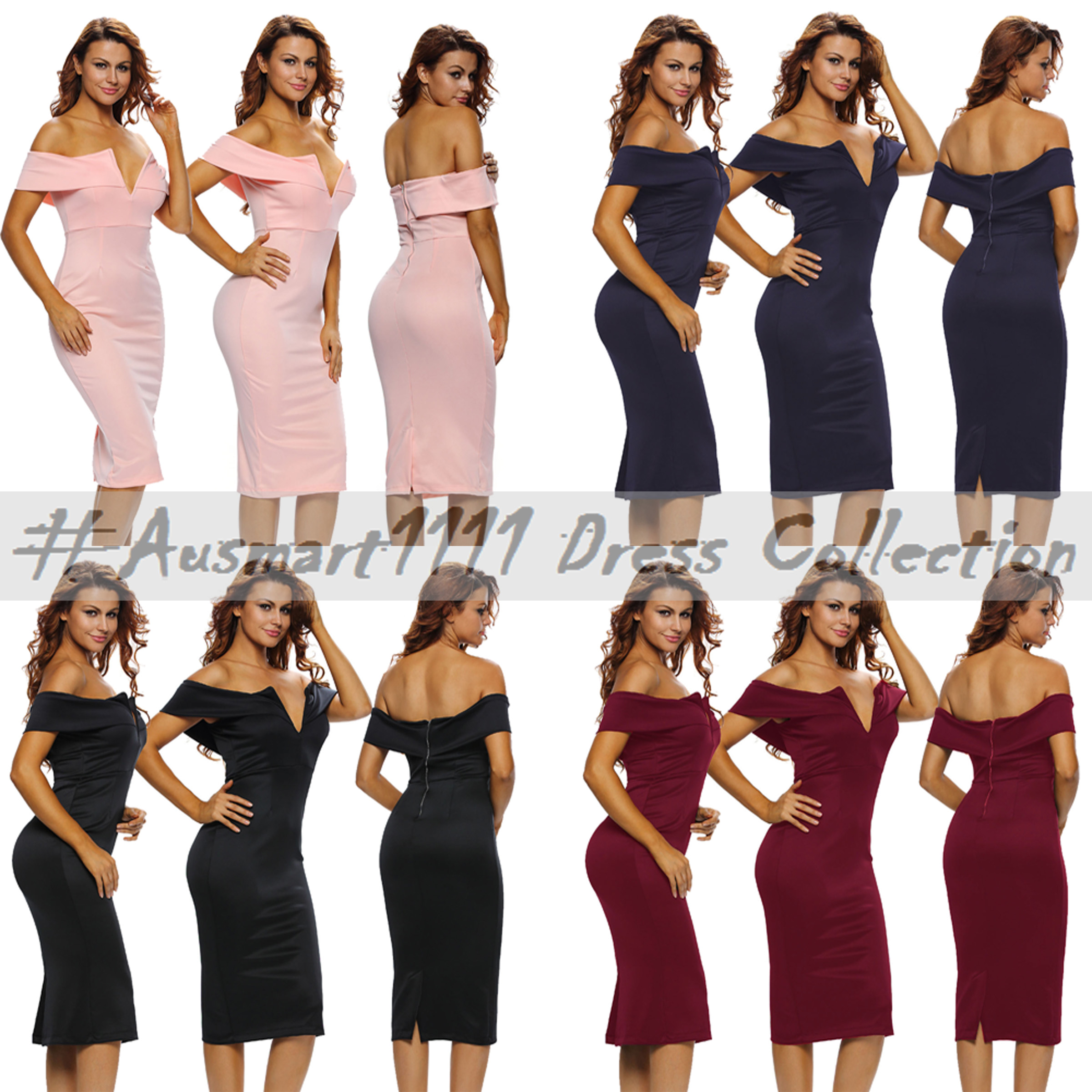 Off Shoulder Deep V Neck Midi Bodycon Dress - aus-mart.com